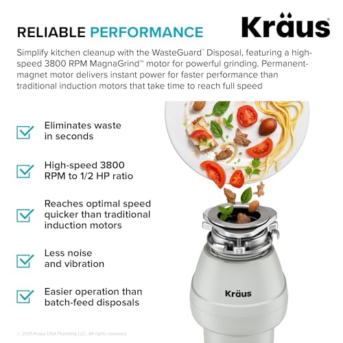 KRAUS 1/2 HP Continuous Feed Garbage Disposal with Quiet Motor & Power Cord