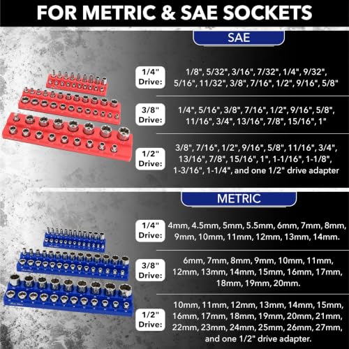Bates Choice 6-Pack Magnetic Socket Organizer Set, 1/4, 3/8 & 1/2 in Drive (Red & Blue) — 143 Slots