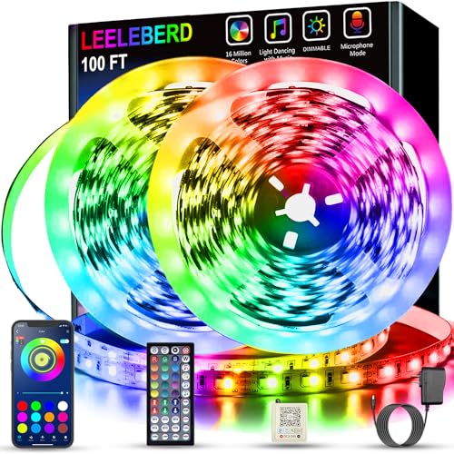 Leeleberd 100ft RGB LED Strip Lights for Bedroom & Party, Music Sync, App & Remote Control