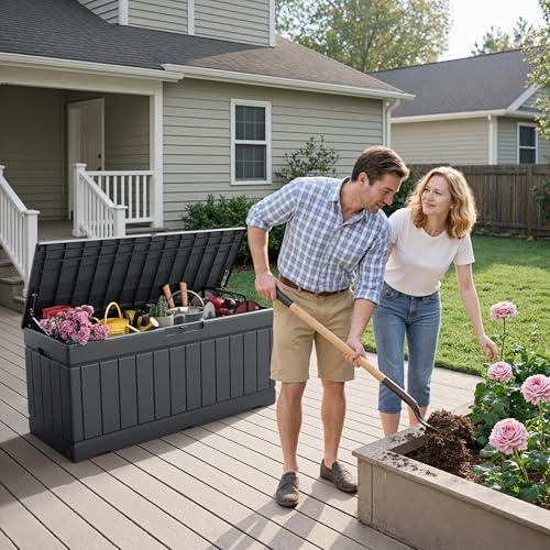 Flamaker 80 Gallon Waterproof Resin Outdoor Storage Box Grey Deck Bench
