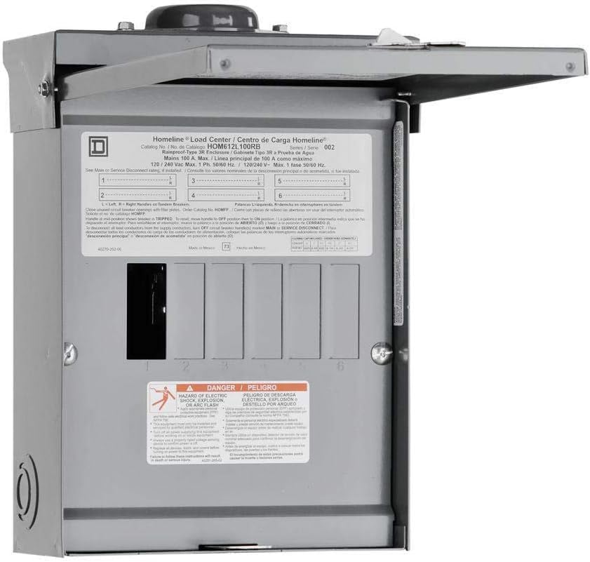 Square D by Schneider Electric Homeline 100 Amp Outdoor Main Lug Load Center, Circuit Breaker Box, 6-Space 12-Circuit, 120/240 VAC, UL Listed, Rainproof NEMA 3R Enclosure (HOM612L100RBCP)