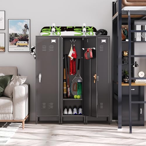 54-Inch Lockable Metal Storage Lockers with Adjustable Shelf & Hooks for Home, Office, School — Black
