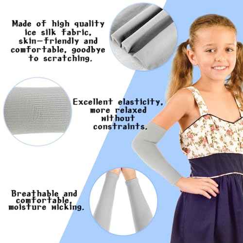 3Pairs Kids Arm Sleeves Thinly UV Sun Protection Cooling Arm Compression Sleeves, Outdoor Sport Breathable Elastic Ice Sleeve for Youth Boys Girls (7-12 Years) (Black&White&Grey)
