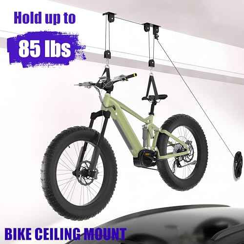 Bike Hoist, Heavy Duty Ebike Lift Pulley System for Garage Ceiling Overhead Storage for Bicycle, Ladders, Snowboard, Holds Up to 85 lbs Capacity, Fit 10-16 Foot High Ceilings