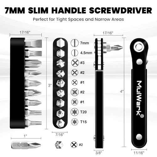 MULWARK 11-Piece Small Screwdriver Set, 1/4" Right Angle Screwdriver with Multi Bits - Ultra Low Profile Offset Driver for Automotive Repair, Electrical Work, Bicycle & Household Maintenance EDC Kit