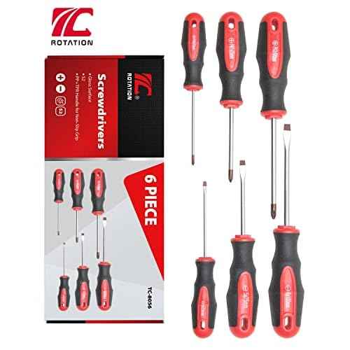 ROTATION 6PCS Magnetic Tip Screwdriver Set, 3 Phillips and 3 Flat, Red Tip | Red, Gloss, S2 Steel)