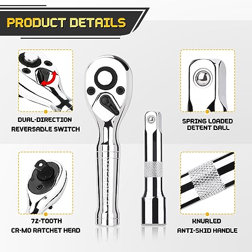 Stubby Ratchet Set- 3/8" Drive Ratchet Handle with a Extension Bars, Gift for Men 72-T Reversible Quick Release Head Premium Mini Ratchet Wrench for Narrow Spaces