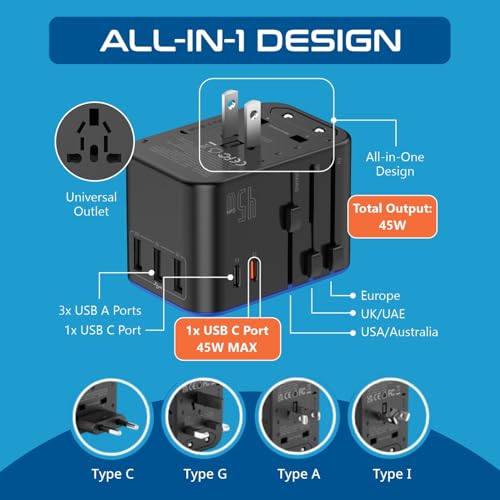 Ceptics 45W Universal Travel Adapter with 3 USB-A, 2 USB-C Ports - Black