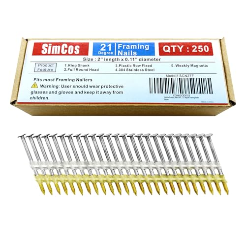 SimCos 2 Inch Stainless Steel Ring Shank Framing Nails - 21° 250-Pack