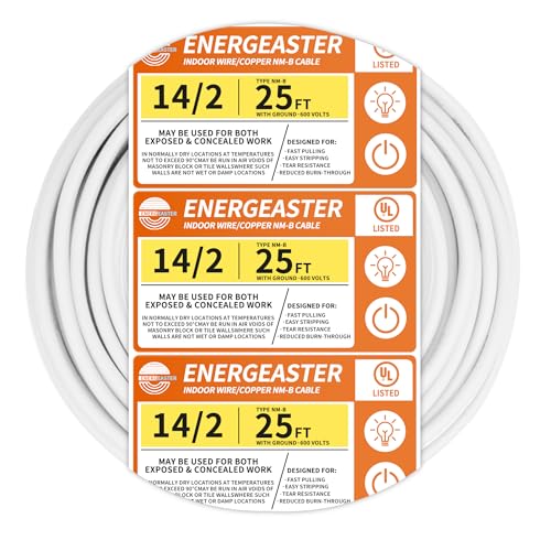 Energeaster 25ft Solid Indoor 14/2 NMB Electrical Wire - White, 2 Conductor