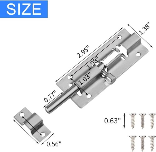 2 Pack Barrel Bolt Latch, 3 Inches Stainless Steel Slide Latch Lock, Premium Door Bolt Lock for Door, Cabinets, Windows