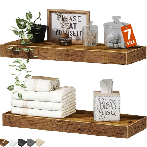 QEEIG 15.7-Inch Brown Floating Wall Shelves Set of 2 for Bathroom & Home Decor
