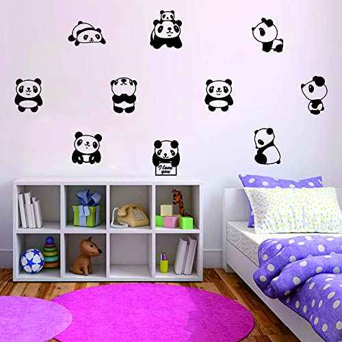 10 pcs Cute Small Panda Wall Decal Sticker Nordic Style Cute Animal Vinyl Wall Stickers for Kids Room Baby Room Nursery Wall Decor Effect Size 34"x64"inch (black-JWH265-Panda)