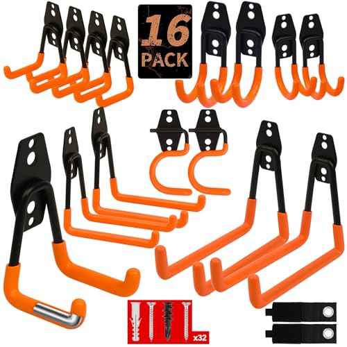 EZ COZY 16 Pack Garage Hooks Heavy Duty ? Wall Mount Utility Hooks for Hanging, Garage Organization, Tool Hangers for Garage Wall, Ladder Holders, Assorted Sizes with Mounting Screws (Orange)