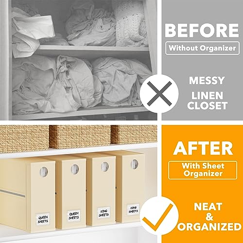 SpaceAid 4 Pack Bed Sheet Organizers and Storage, Foldable Sheet Organizer for Linen Closet, Sheets Set Folder Keeper with Window XL (Queen & King Size) Organizing Bedding Container, Beige