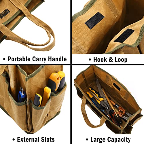 16OZ Waxed Canvas Tool Tote Bag | Large-Capacity Tool Storage Tote with 10 External Pockets | Multi-Purpose Garden Tool Carrier for Gardening, Wrench, and Carpentry Tools ? Khaki