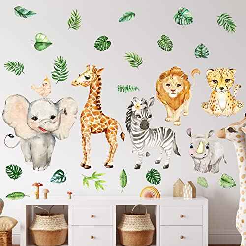 Colarr 35 x 24 Inch Jungle Animals Wall Decals Watercolor Safari Wall Stickers Removable Elephant Giraffe Lion Tropical Leaves Leopard Zebra for Baby Nursery Kids Room Living Room Decor