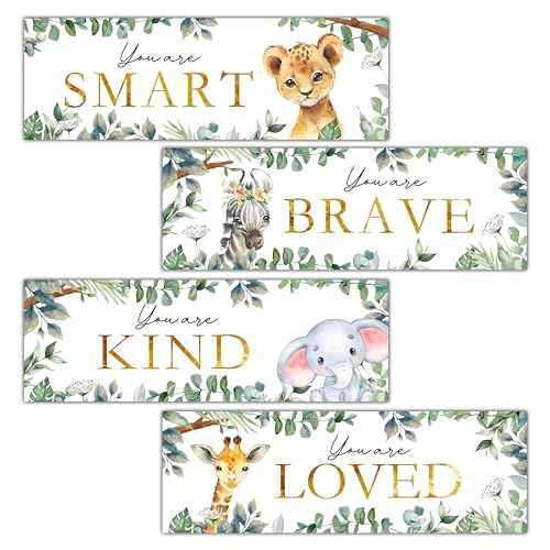 4 Pieces Kids Room Wall Decor Wooden Sign, 11.8" x 3.9" Jungle Animals Motivational Wall Art for Kids Room Nursery Playroom Classroom, You are Loved/Brave/Kind/Smart-A06