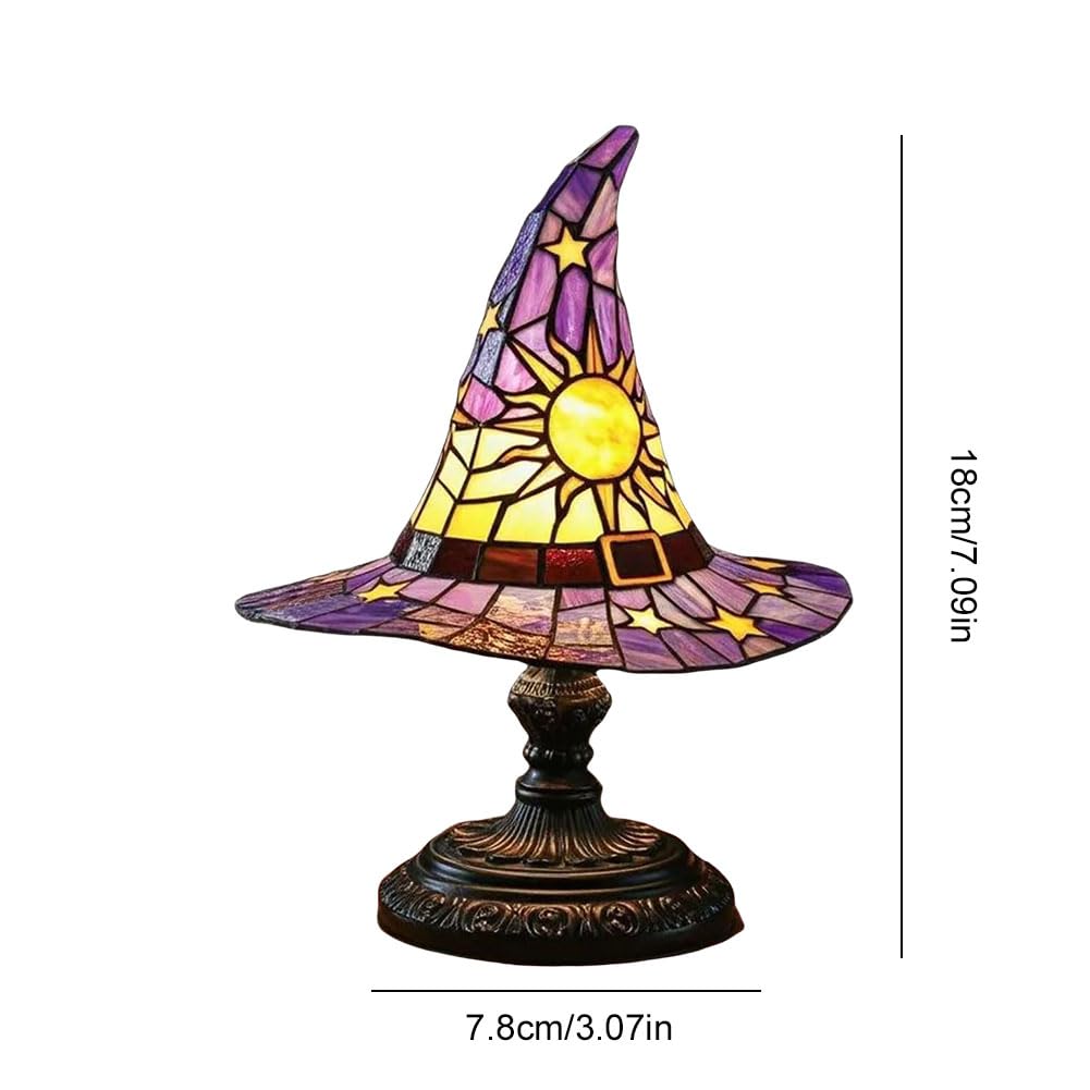 HatLeb Witch Hat Lamps, Handcrafted Stained Glass Resin Wizard Hat Light Gothic Table Lamp for Halloween Decor, Spooky Night Light for Bedroom and Indoor Parties, Unique Wiccan Gift
