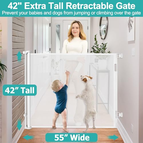 42 Inch Extra Tall Baby Gates for Doorways 55" Wide Retractable Dog Gate Indoor 3.5ft Extra Tall Baby Gates for Dogs Outdoor Retractable Gate for Stairs Prevent Kids/Pets from Jumping Over, White