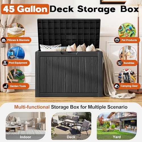 NBYSGO Waterproof Outdoor Storage Box 45 Gal Black Striped Resin Patio Bin