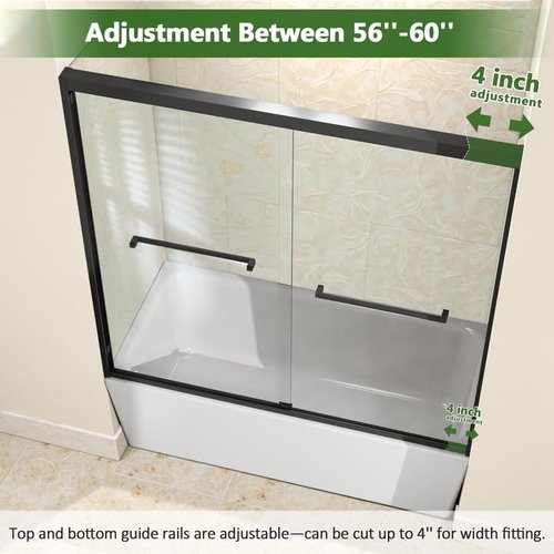 Double Sliding Bathtub Door Glass Tub Door, 1/4''(6mm) Tempered Glass, Adjustable Width, Easy to Install & Clean, 56-60''W×58''H, Matte Black