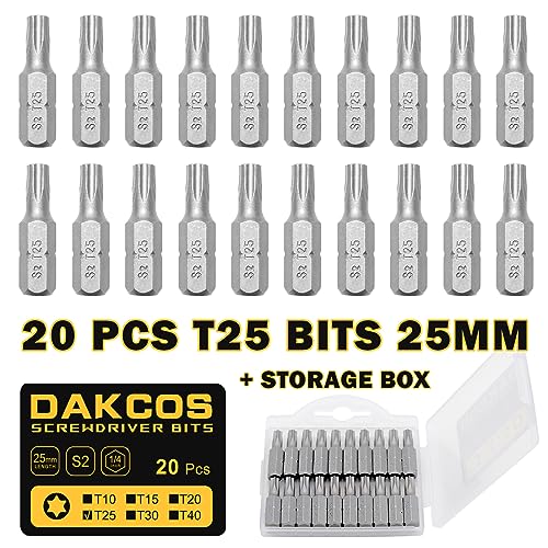 20-Piece T25 Torx Bit Set, Premium S2 Alloy Steel 1-inch Long Screwdriver Insert Bits Hex Shank with Quick Release Slot