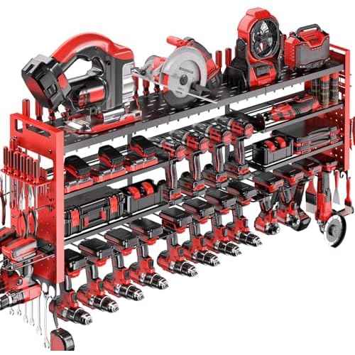 49.8" W Super Large Power Tool Organizer Wall Mount,4-Layer Heavy Duty Tool Storage with 18 Cordless Drill Holder,600 lb Capacity Garage Organization for Garage and Workshop (Red)