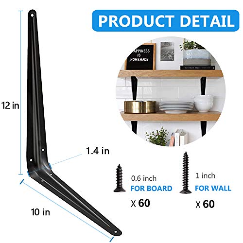 Janyang 20 Pack Heavy Duty 12-Inch Black Iron Shelf Brackets for Wooden Shelves