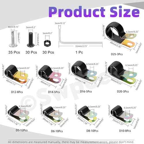 Swpeet 64Pcs 9 Size 5mm-25mm 1/4" Hole Vinyl Coated Cable Clamps Galvanized and 95Pcs Hex Screws Nuts Assortment Kit, Rubber Cushioned Insulated Clips, Metal Wire Clamps for Pipe Cables Wires