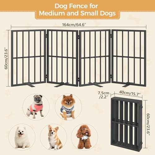 Dog Gate Indoor, Freestanding Foldable Pet Gate for The House, Doorway, Stairs, 64.6" W x 23.6" H Metal Step Over Fence with Support Feet, 4-Panel Pet Puppy Safety Fence, Black DGBK6101