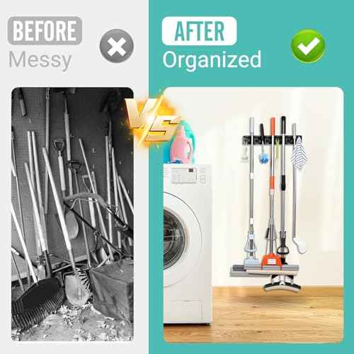 Broom and Mop Holder, Wall Mounted Organizer Mop and Broom Storage Tool Rack with 5 Ball Slots and 6 Hooks (1Pack)