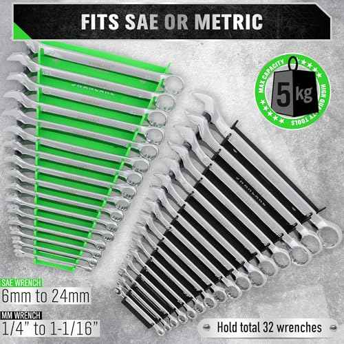 SWANLAKE GARDEN TOOLS Magnetic Wrench Organizer 2-Piece, 32-Slot Drawer Storage, SAE (1/4" to 1-1/16"), Metric (6mm to 24mm), Green and Black