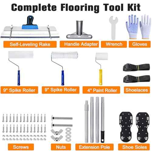 Self-Leveling Cement & Epoxy Floor Tool Kit ? Rake, 9¡± Spike Rollers, 4¡± Paint Roller, Spiked Shoes, Extension Pole, Gloves & Accessories