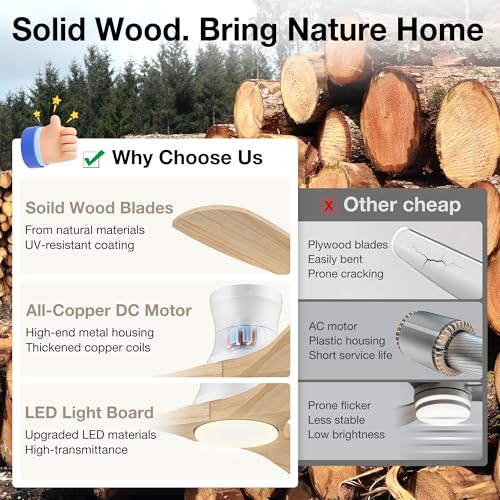 Hoenofly 52-Inch Smart Ceiling Fan with Lights, Remote & Voice Control - White & Light Wood