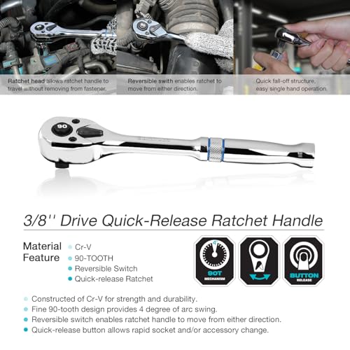 DURATECH 3/8-Inch Drive Ratchet Wrench 90-Tooth Quick-Release Polished Chrome
