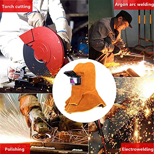 Cowhide Leather Welder Hood Welding Helmet Protective Gear Mask Work Cap with Neck Shoulder Drape,Solar Auto Darkening Filter Lens