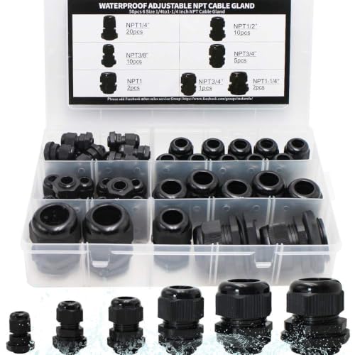 MAKERELE 50pcs Waterproof Cable Glands Kit NPT Waterproof Box Black