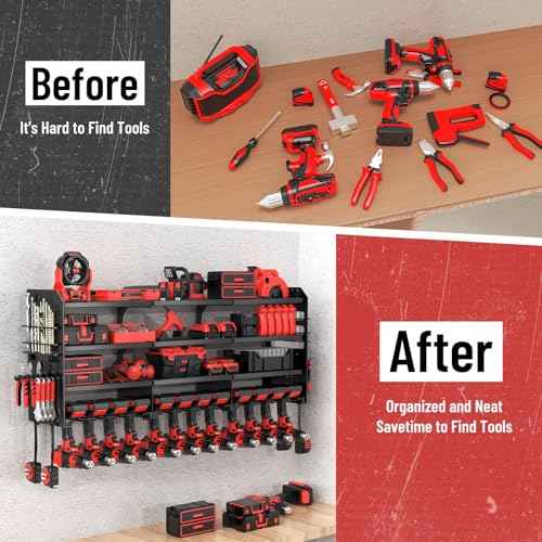 Large Power Tool Organizer Wall Mount-12 Drill Holder, Metal Heavy Duty Garage Tool Storage Shelves with Screwdriver Plier Holder, Gifts Idea for Men Dad Husband