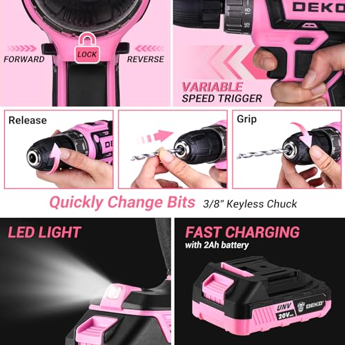 Pink 20V Cordless Power Drill Set with Battery & Tool Box - DEKOPRO