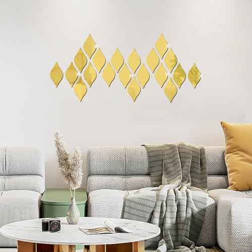 DARENYI 20Pcs Gold Teardop Mirror Wall Stickers Shatterproof Acrylic Mirror Tiles Self Adhesive Wall Decor Decals for Living Room, Bathroom, Bedroom, TV Background, Entryway Decor
