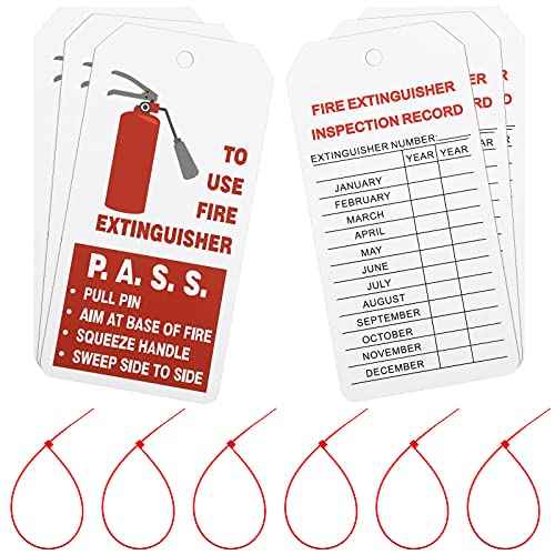 Outus 50 Sets Fire Extinguisher Tags with Adjustable Wire Ties 4.2 x 2.1 Inch Monthly Inspection Waterproof Tags Extinguisher Recharge and Inspection Record for Indoor Outdoor