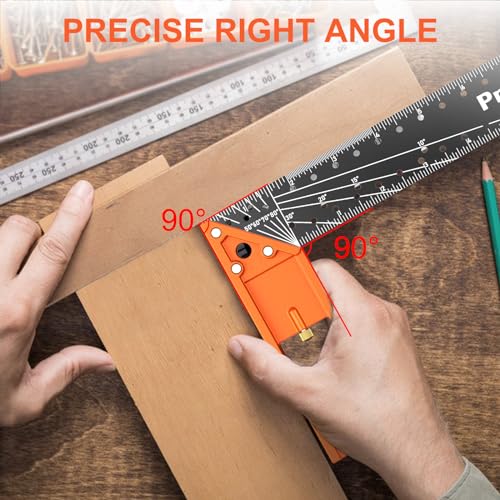 Preciva 12" Right Angle Woodworking Square Ruler with Stainless Steel Blade, Retractable Ledge, 1/16" & 1/32" Notches – Orange 12 in