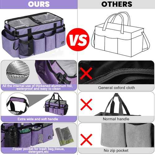Extra large Cleaning Caddy Bag Built-in Sturdy Support Board, Cleaning Organizer with Detachable Divider, Cleaning Supply Tote with Adjustable Shoulder Strap (Purple, 19'' x 11'' x 11'')