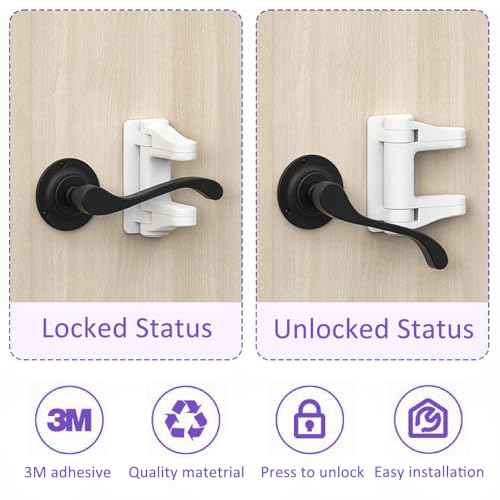 Door Lever Lock Child Proof, 2 Pack Door Handle Baby Proof No Drilling, 3M Adhesive Child Safety Cabinet Locks for Doors Simple Install and No Tools Needed, White