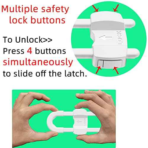 (10 pack white) 4 button Cabinet Locks, U-Shaped Proofing Drawers Safety Child Locks Adjustable, for Wardrobe,Kitchen,Bathroom,Drawer,Fridge,Cupboard Doors Knobs & Handles