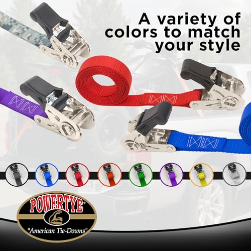 PowerTye 1in x 4ft Black Endless Ratchet Straps - 2-Pack, Easy-Grip Cargo Tie Downs