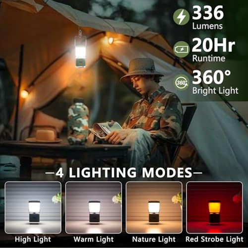 Hoxida Portable Camping Lantern 2 - Rechargeable 336LM LED, Dimmable & Waterproof Emergency Light, 20H Runtime, Red Light & 4 Modes