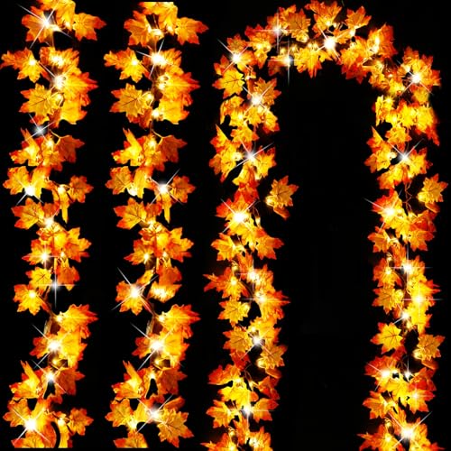 TURNMEON 3 Pack 30FT Maple Fall Garland with Lights & Timer - Halloween & Thanksgiving Decor