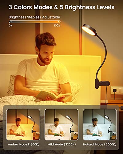 Black Glocusent 5W Clip-On Reading Light with 3 Color Modes & 5 Brightness Levels for Bed